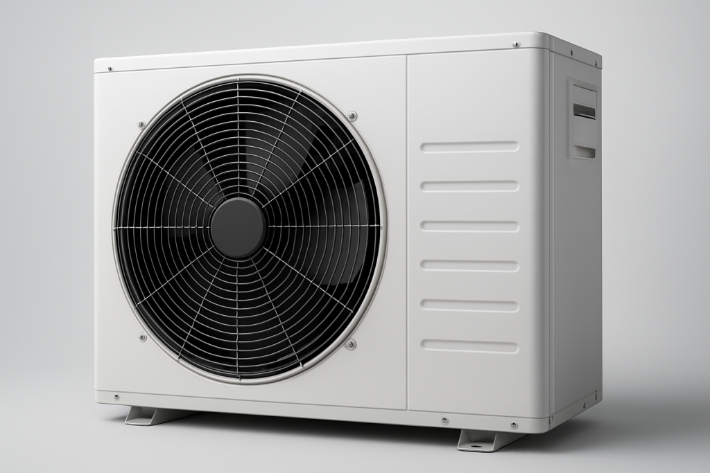 A close-up view of a modern heat pump unit showing the fan and housing design