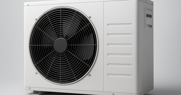 A close-up view of a modern heat pump unit showing the fan and housing design