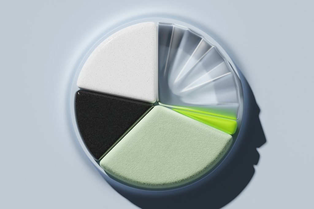 A segmented circular design with different colors and textures representing various elements.