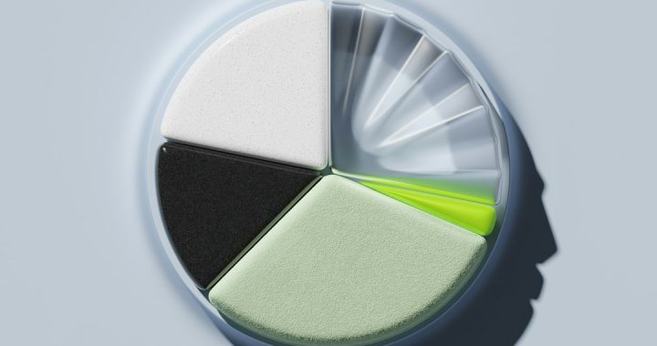 A segmented circular design with different colors and textures representing various elements.